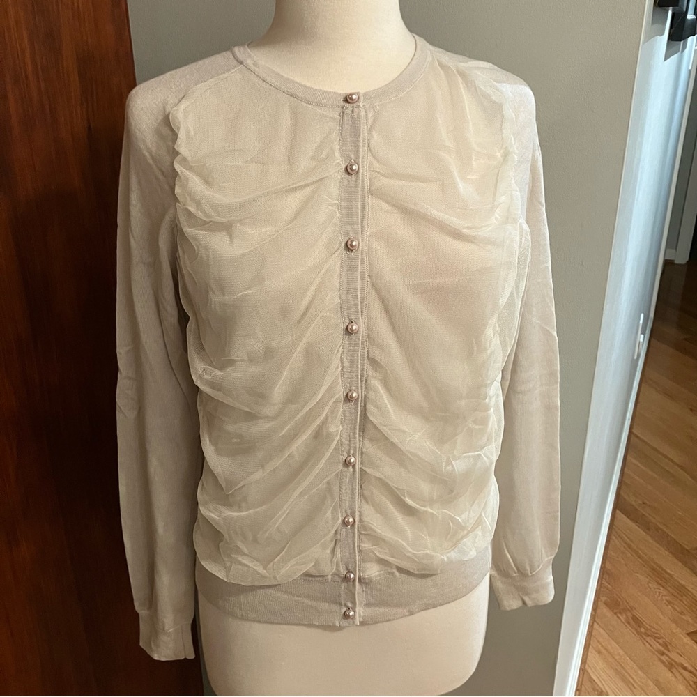 Ann Taylor Cream Wool Blend Cardigan With Pearl and Tulle Embellished Front Sz L